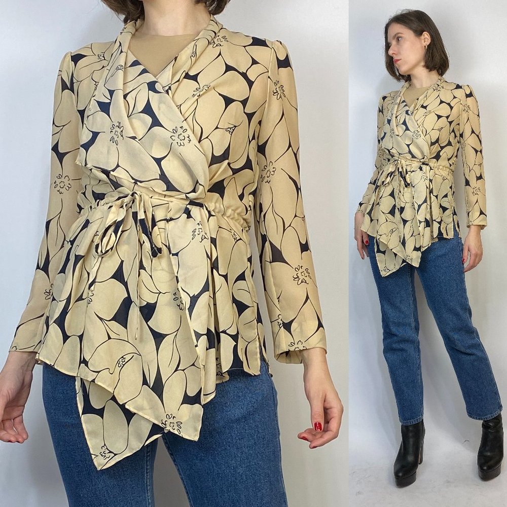 CLUB MONACO Sheer Floral ASYMMETRICAL WRAP Top! Small, 4 to 6